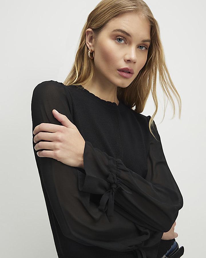 Black Knitted Long Chiffon Sleeve Top
