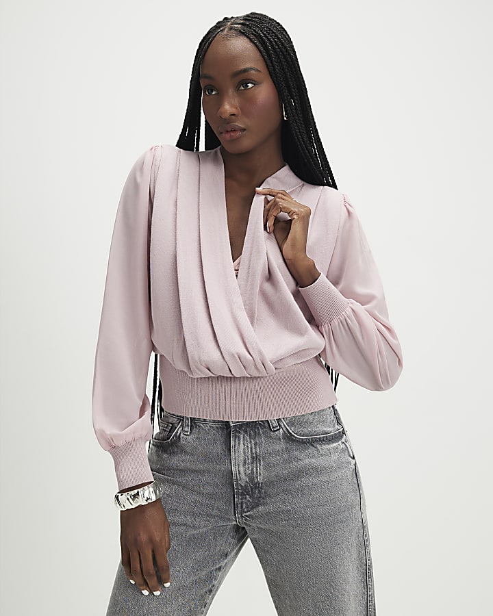 Pink Knitted Hybrid Long Sleeve Top