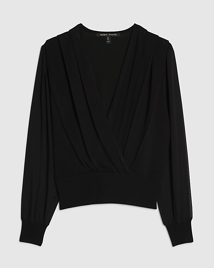 Black Knitted Hybrid Long Sleeve Top