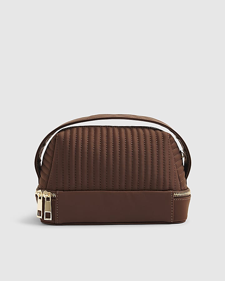 Brown Ribbed Top Handle Makeup Bag
