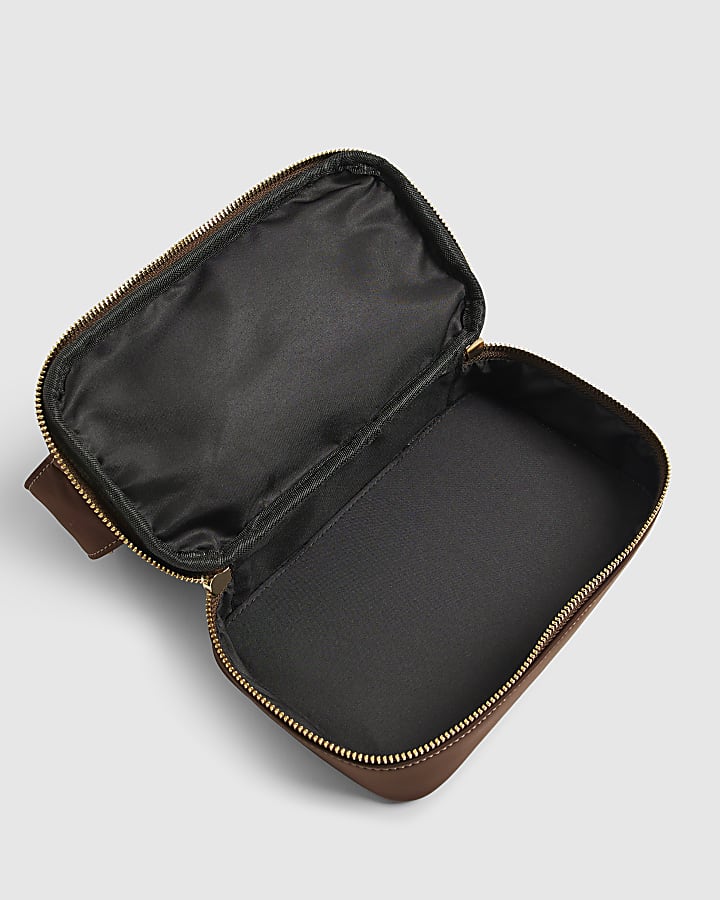 Brown Ribbed Top Handle Makeup Bag