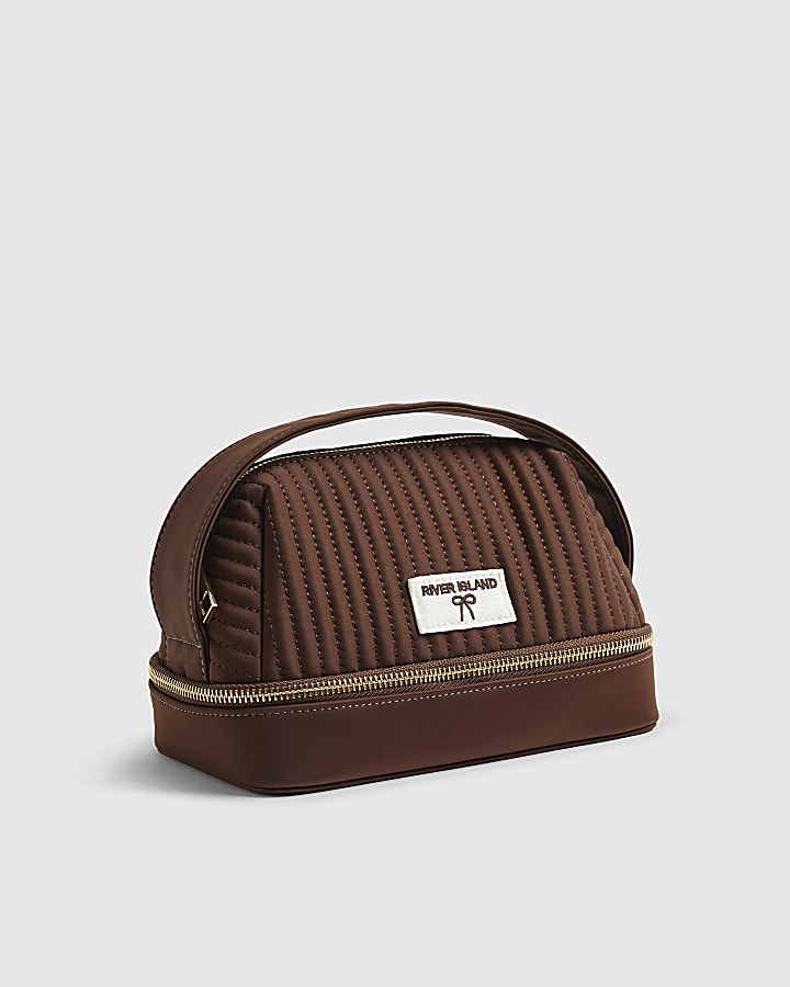 Brown Ribbed Top Handle Makeup Bag