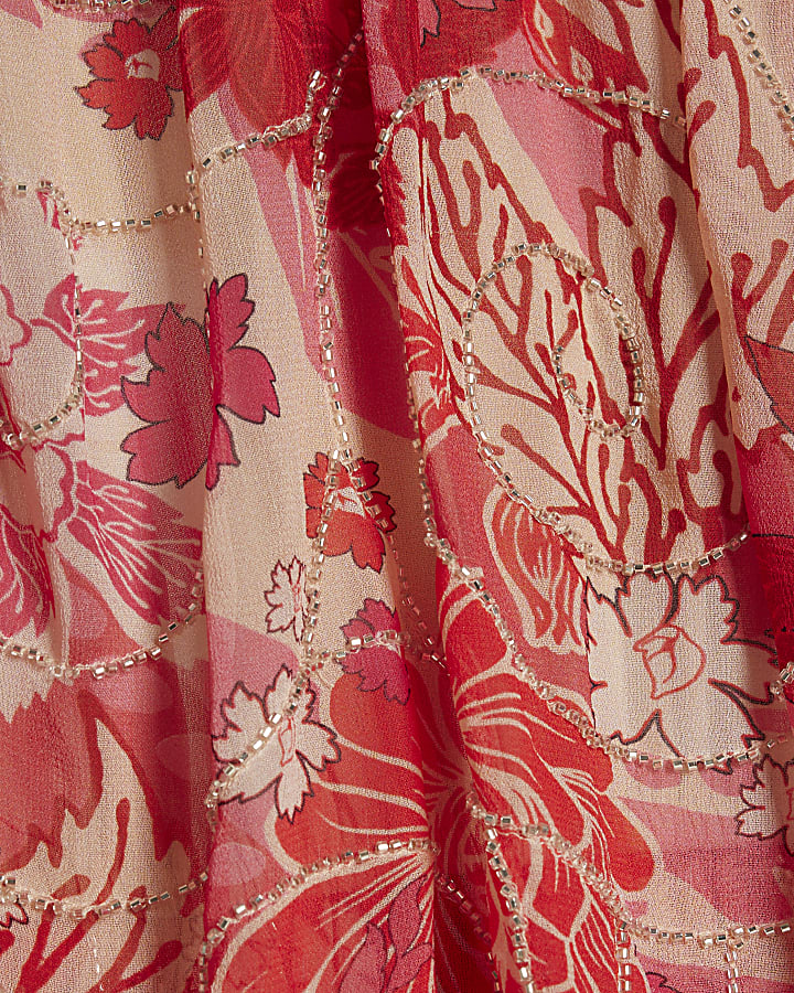 Red Floral Embellished Playsuit