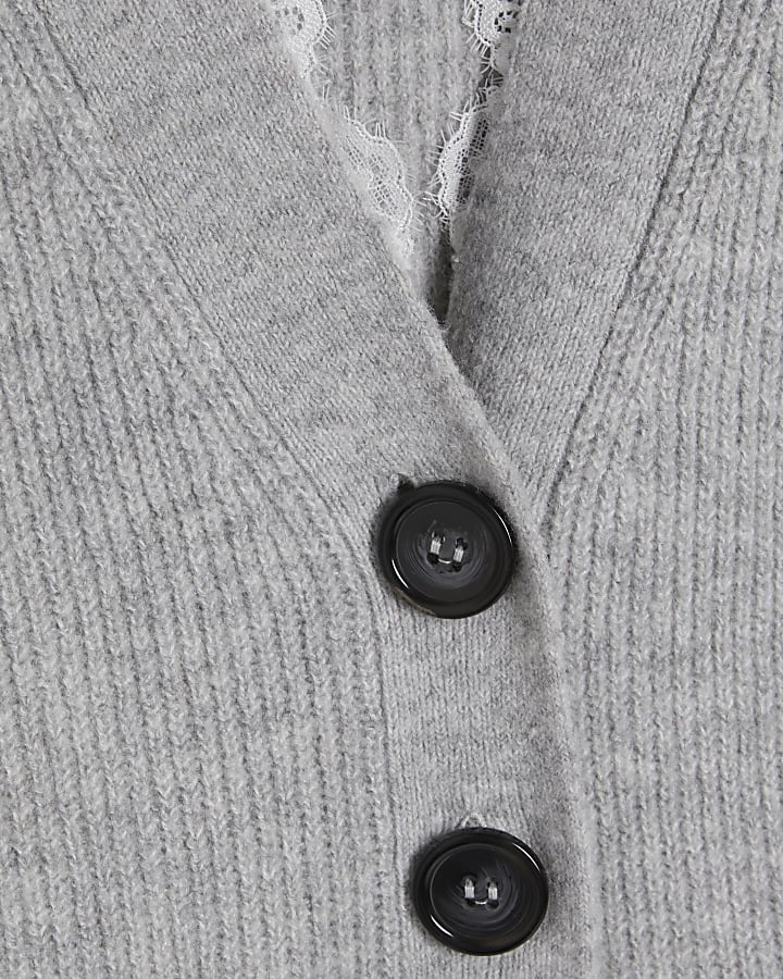 Grey Lace Trim Shoulder Pad Cardigan