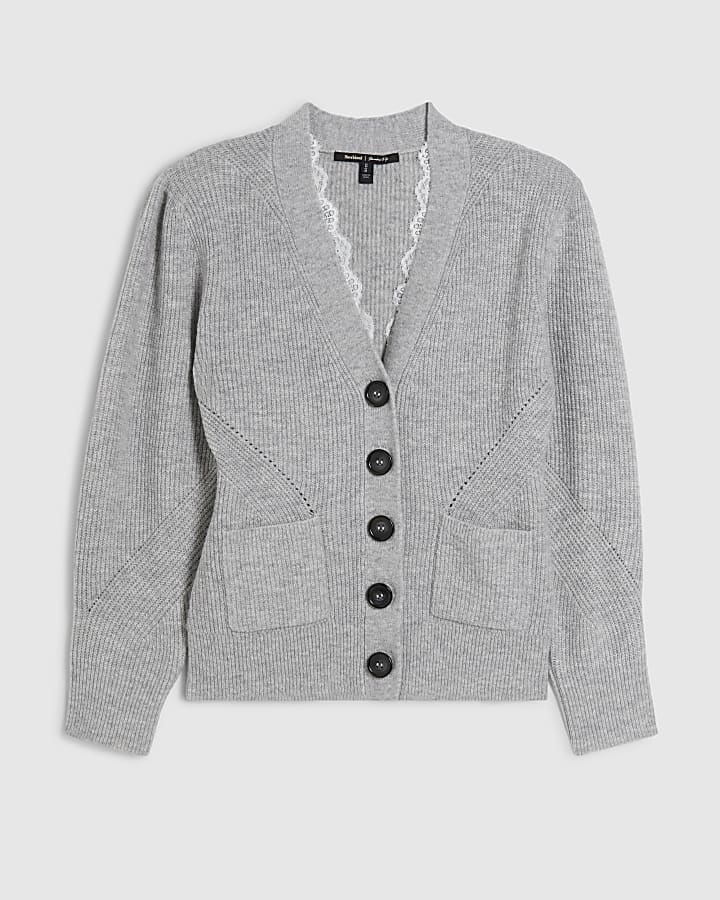 Grey Lace Trim Shoulder Pad Cardigan