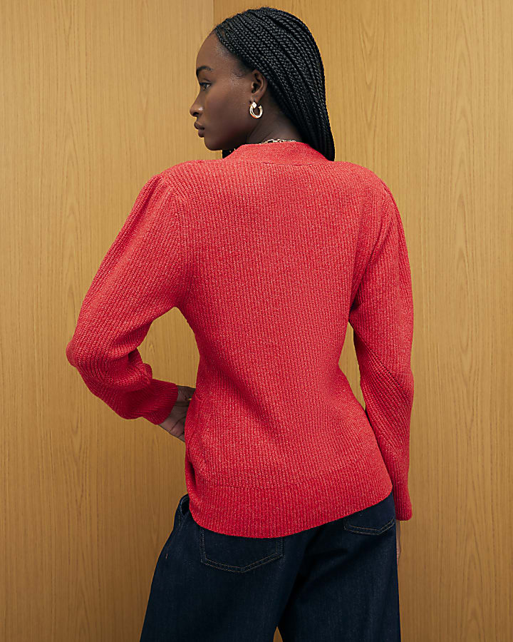 Red Knitted Shoulder Padded Cardigan