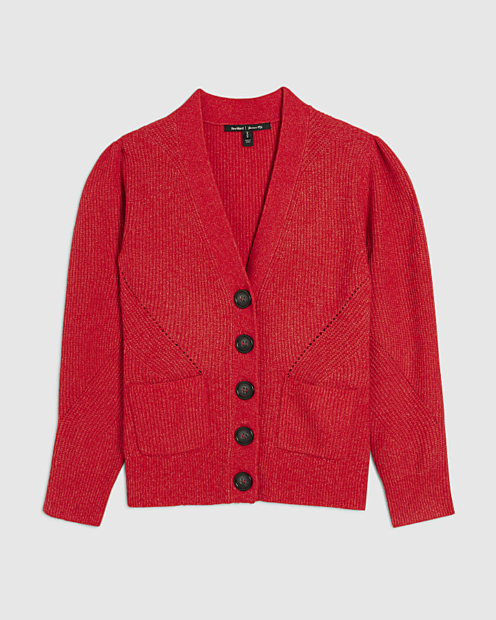 Red Knitted Shoulder Padded Cardigan
