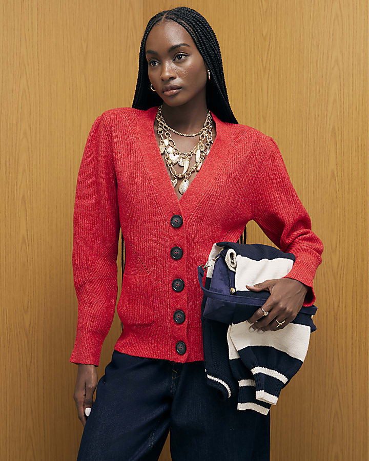 Red Knitted Shoulder Padded Cardigan