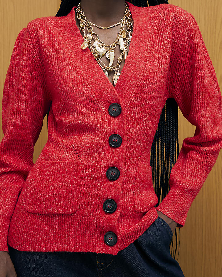 Red Knitted Shoulder Padded Cardigan