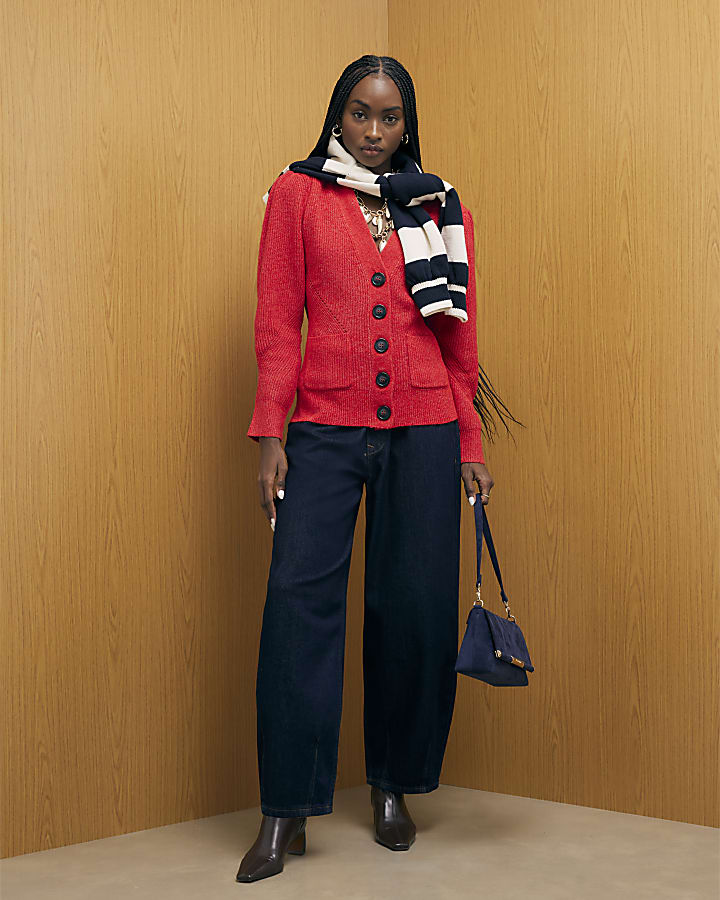 Red Knitted Shoulder Padded Cardigan