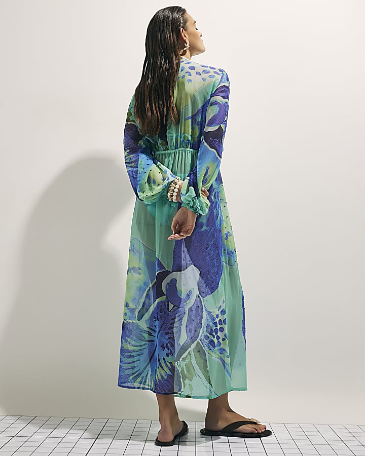 Blue Floral Print Maxi Beach Tunic Dress