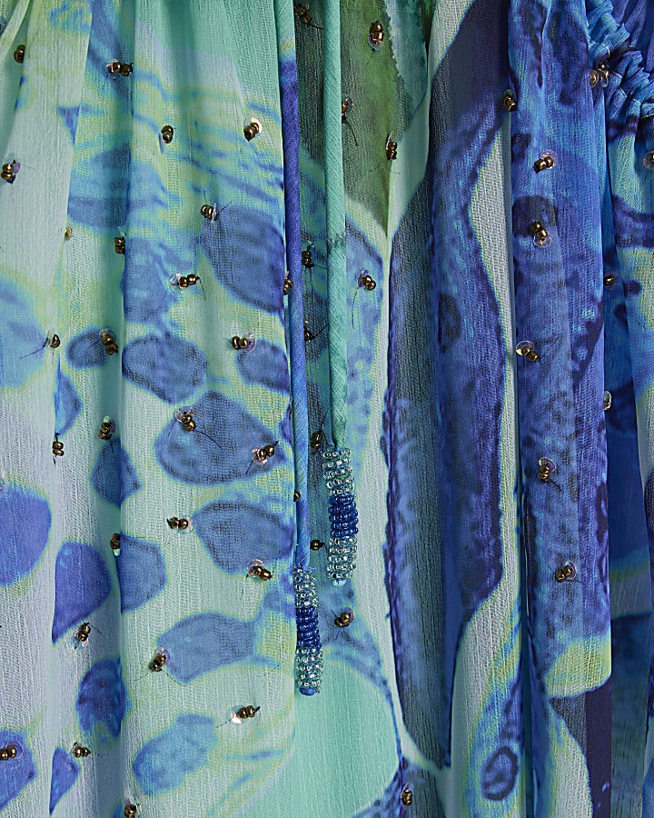 Blue Floral Print Maxi Beach Tunic