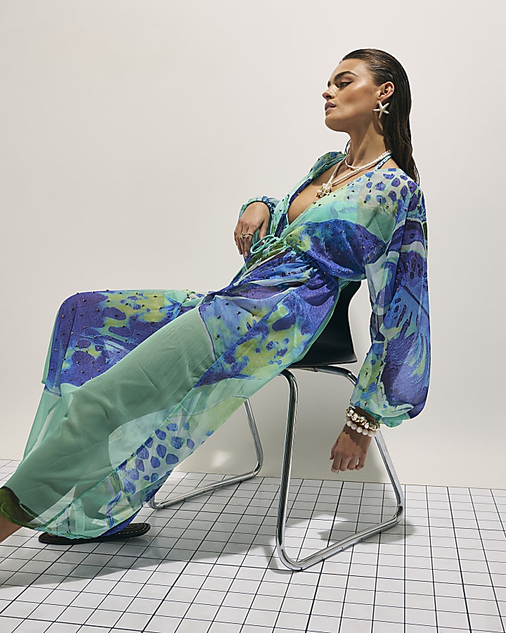 Blue Floral Print Maxi Beach Tunic Dress