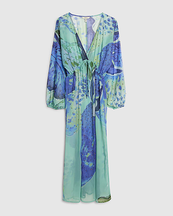 Blue Floral Print Maxi Beach Tunic