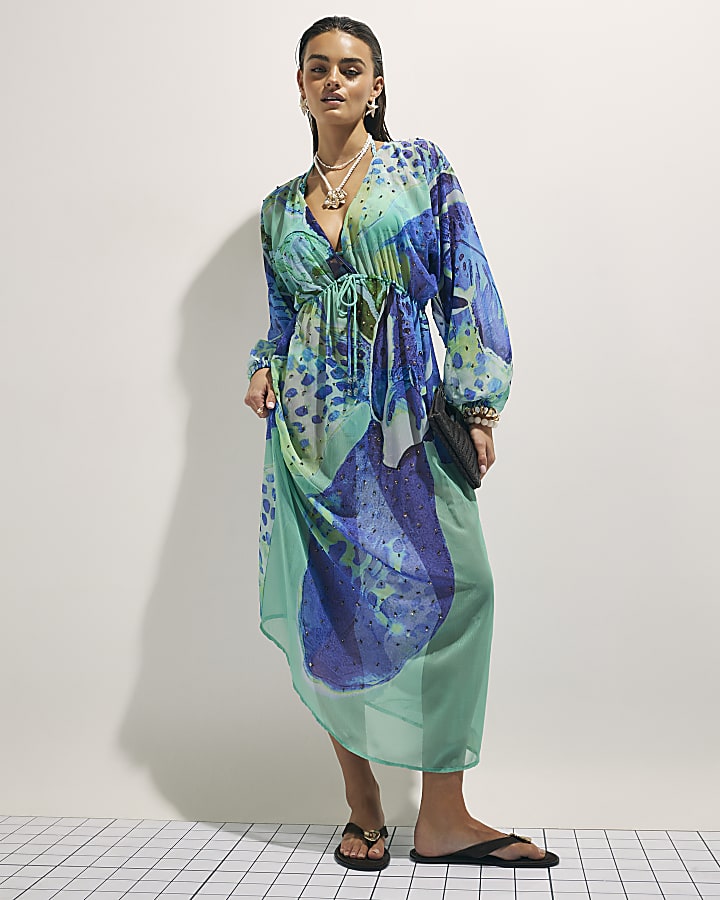 Blue Floral Print Maxi Beach Tunic Dress