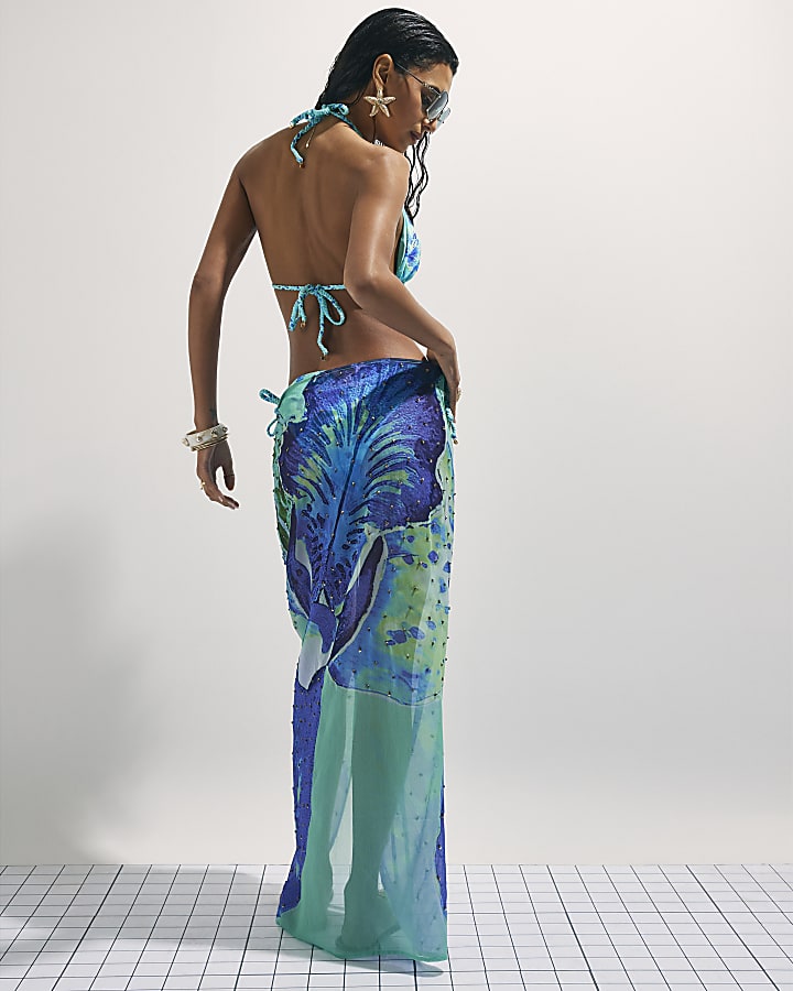 Blue Orchid Print Maxi Beach Skirt