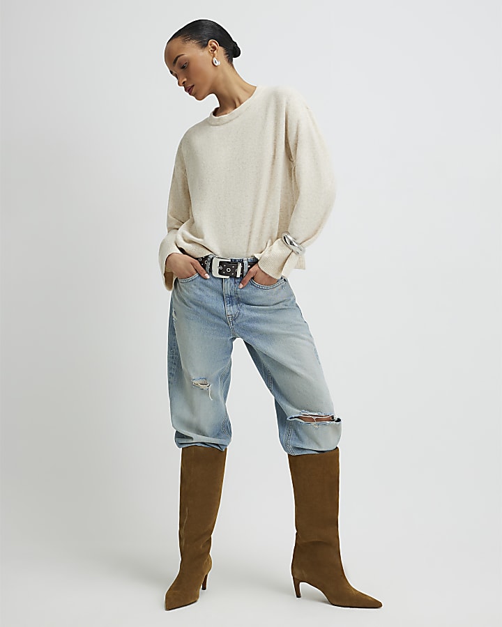 Beige Knitted Crew Neck Jumper