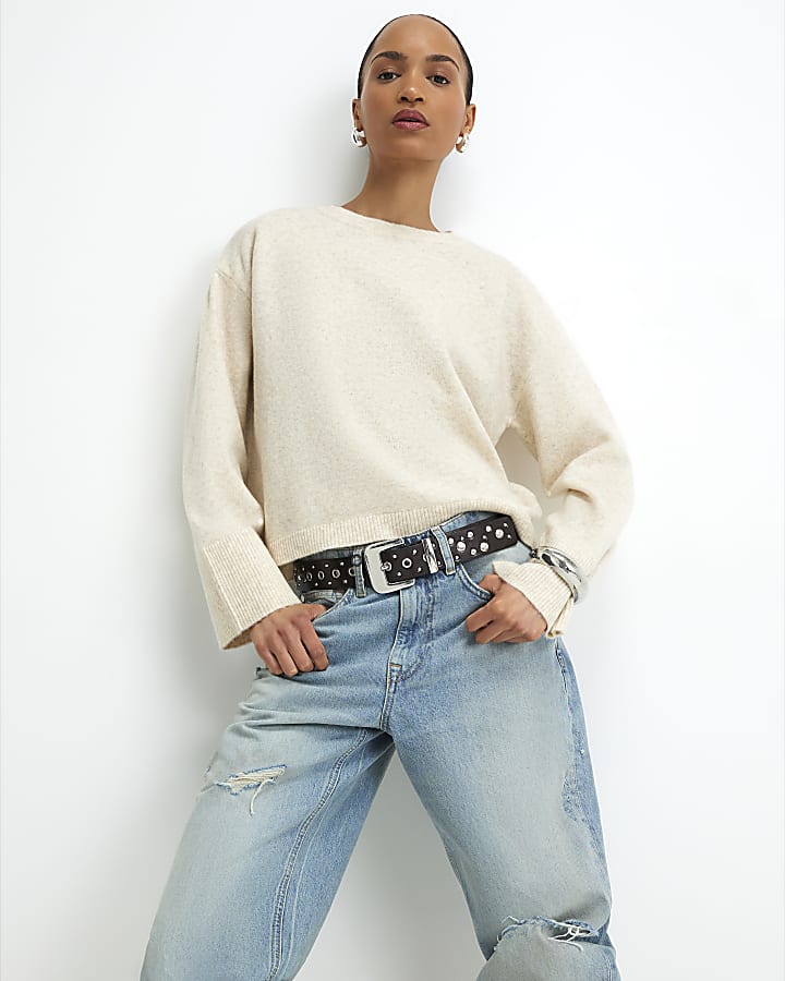 Beige Knitted Crew Neck Jumper