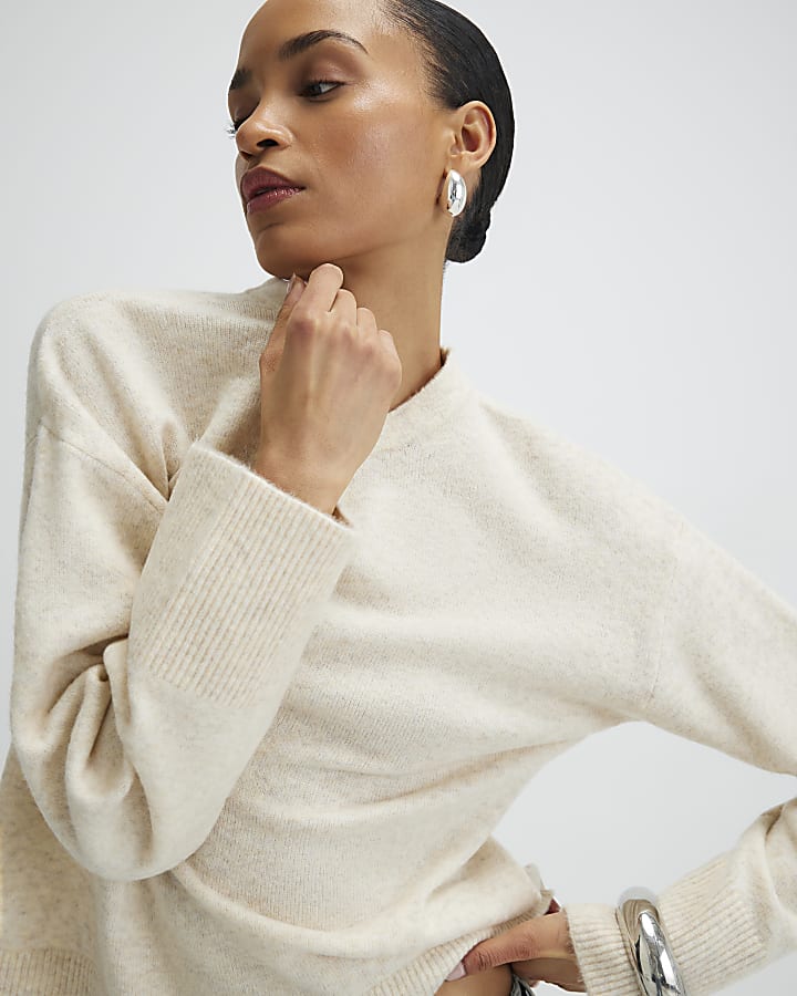 Beige Knitted Crew Neck Jumper