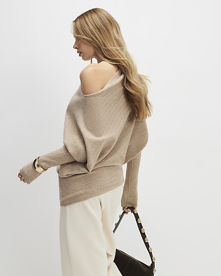 Brown Ribbed Off The Shoulder Jumper