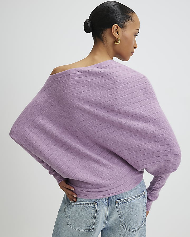 Purple Ribbed Off The Shoulder Jumper