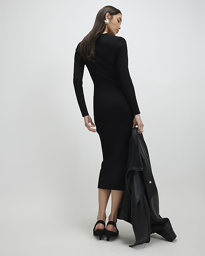 Black Lace Insert Rib Dress