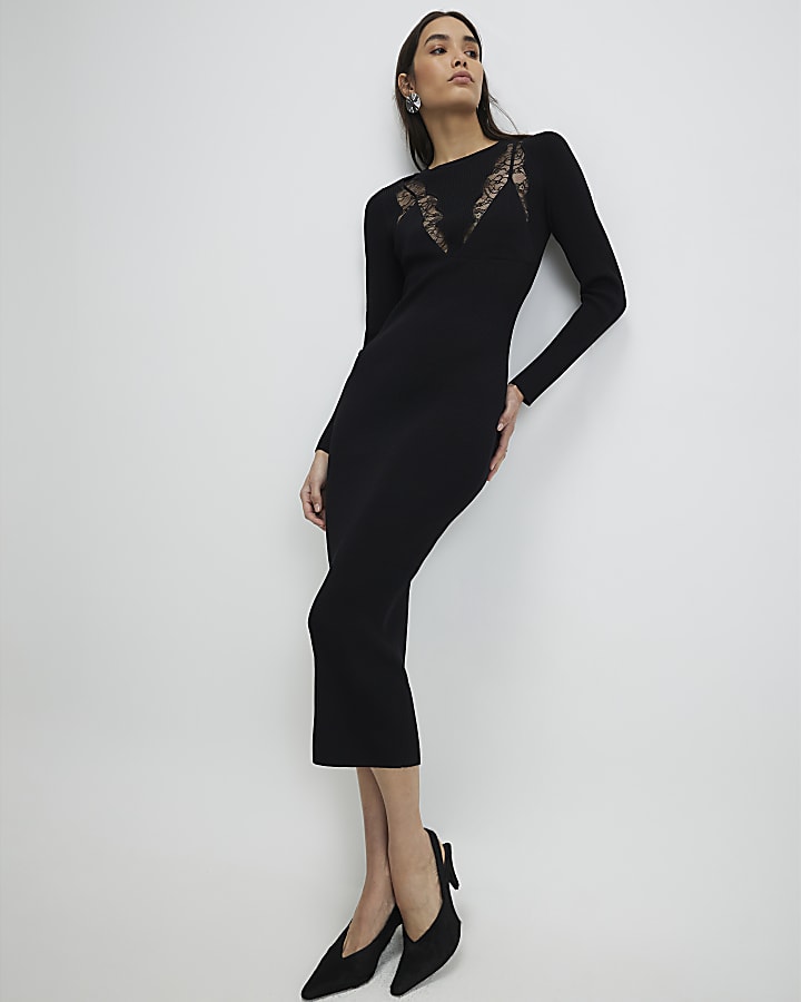 Black Lace Insert Rib Dress
