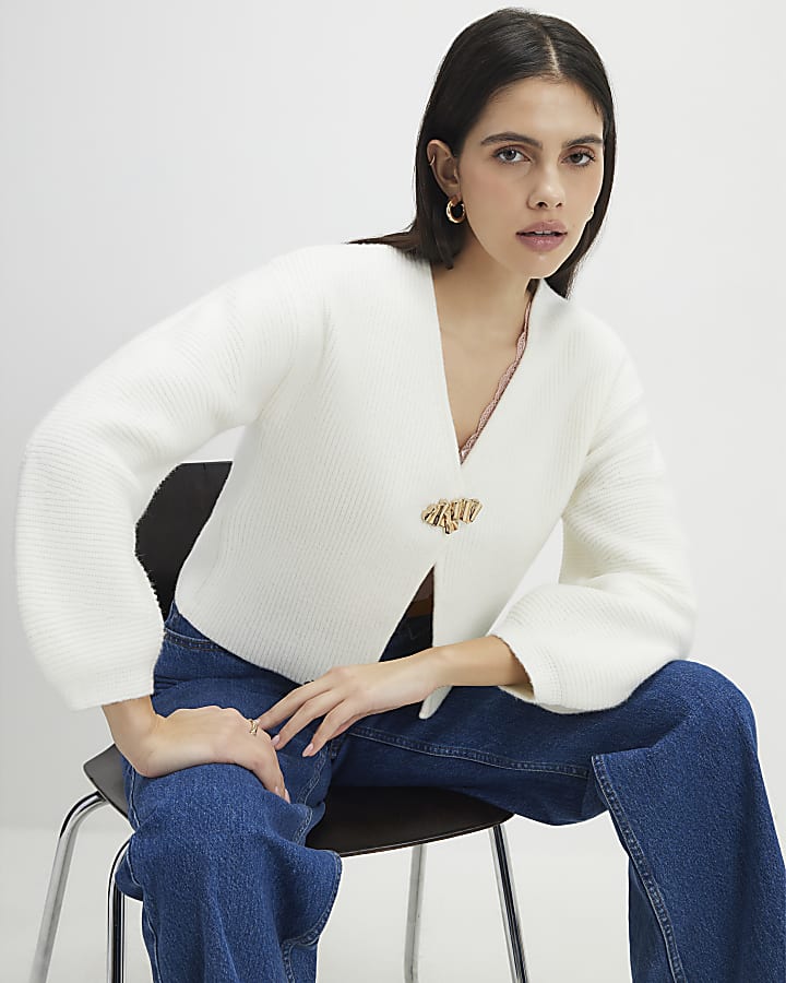 Cream Knitted Gold Detail Cardigan