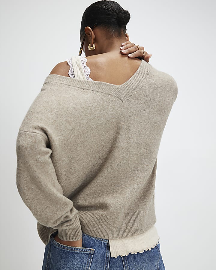 Brown Knitted V Neck Cardigan