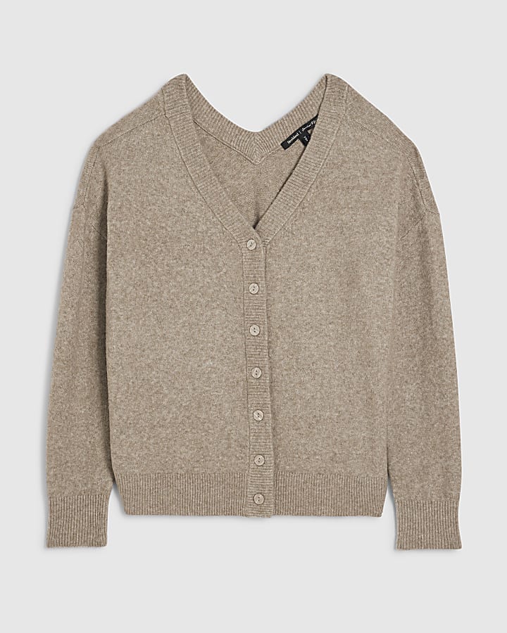Brown Knitted V Neck Cardigan