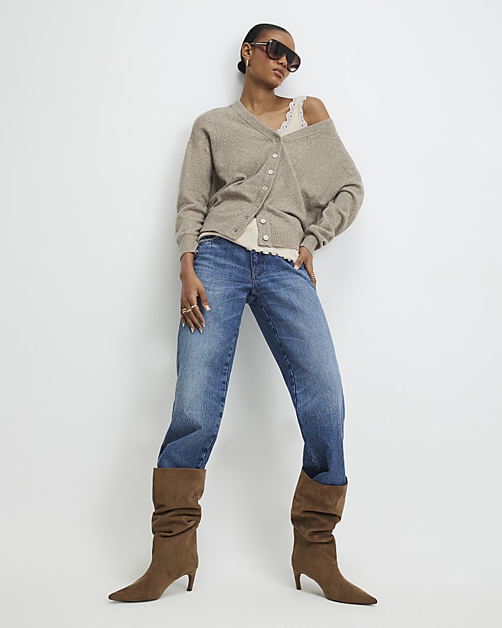 Brown Knitted V Neck Cardigan