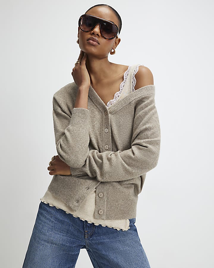 Brown Knitted V Neck Cardigan