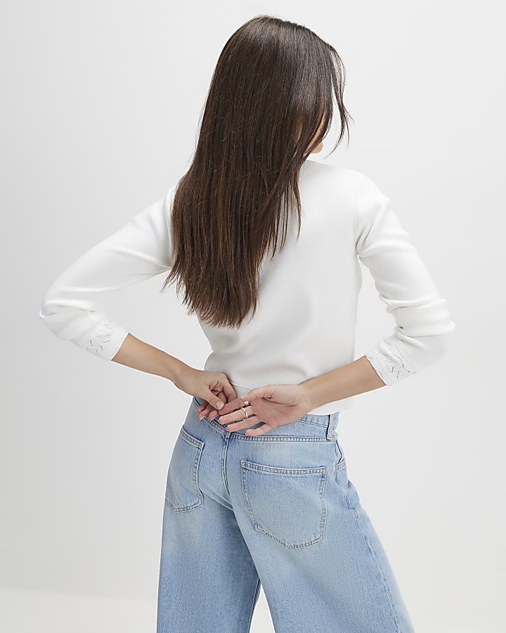 White Scallop Trim Diamante Button Cardigan