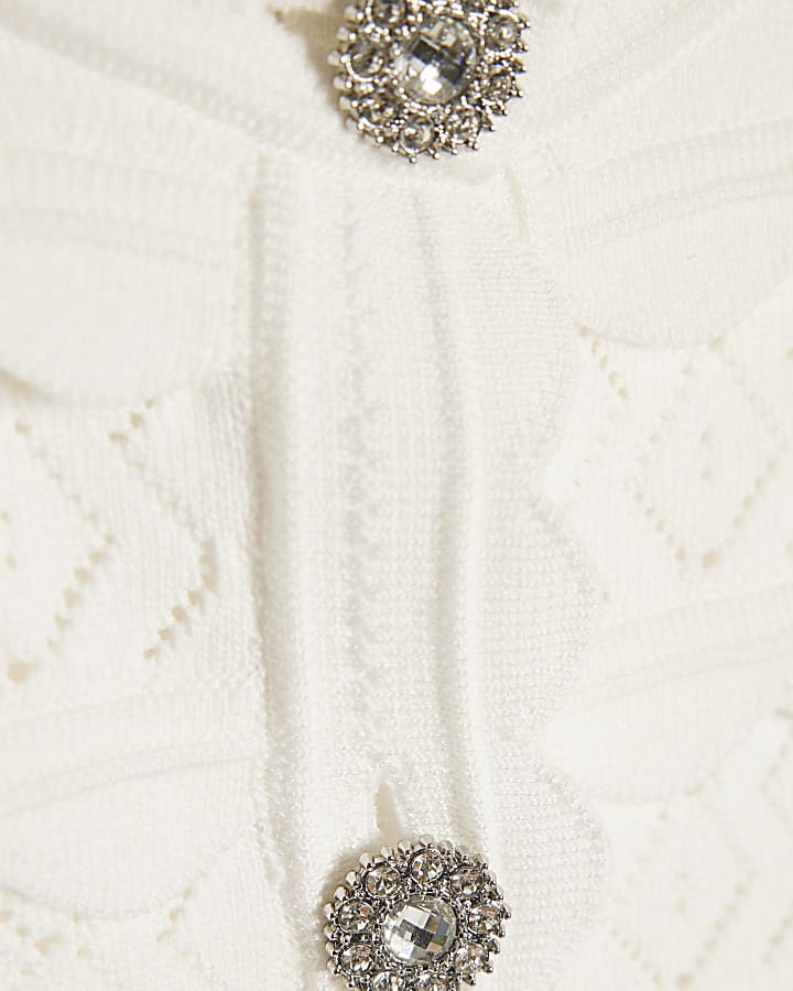 White Scallop Trim Diamante Button Cardigan
