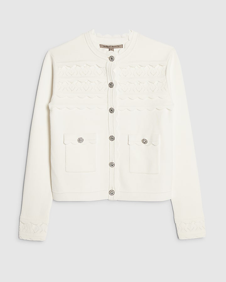 White Scallop Trim Diamante Button Cardigan