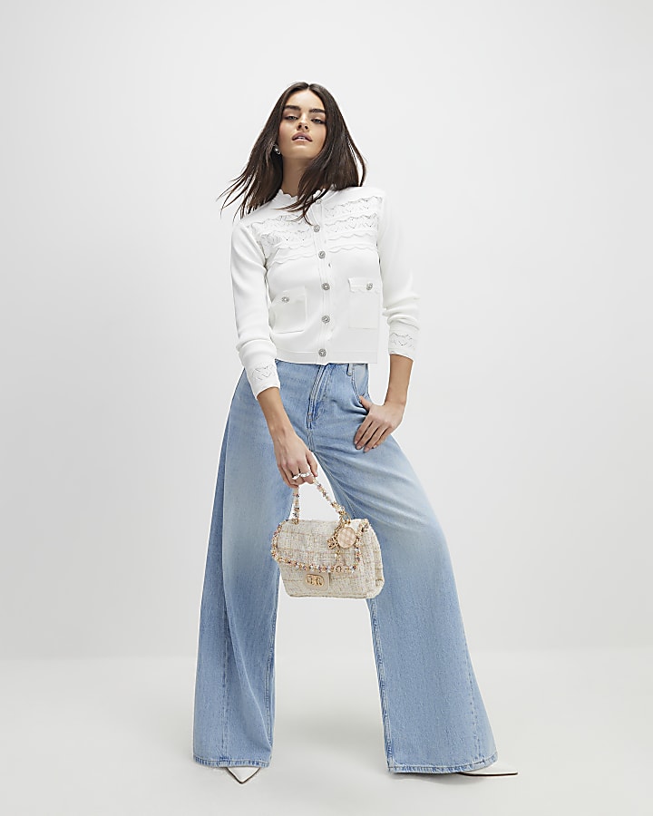 White Scallop Trim Diamante Button Cardigan