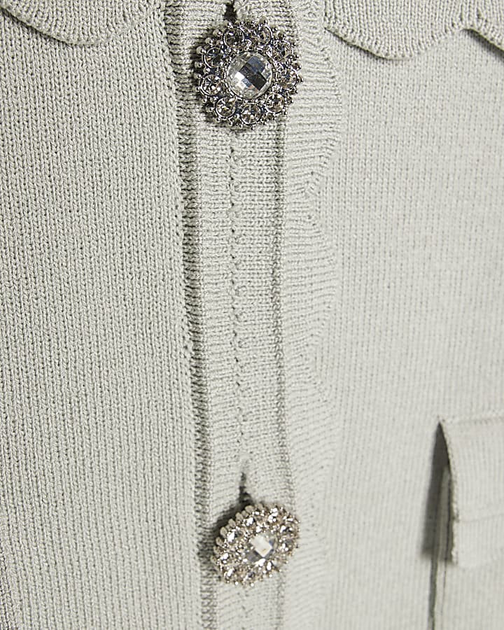 Blue Scallop Trim Diamante Button Cardigan