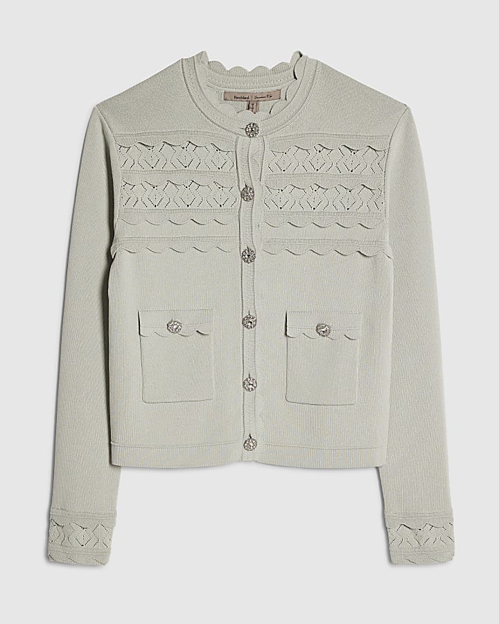 Blue Scallop Trim Diamante Button Cardigan