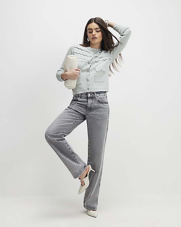 Blue Scallop Trim Diamante Button Cardigan