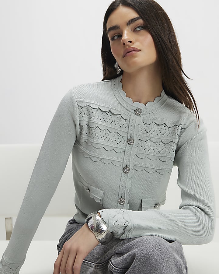Blue Scallop Trim Diamante Button Cardigan