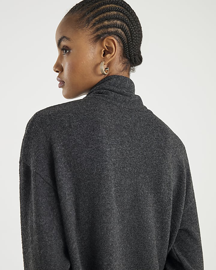 Grey Long Sleeve Scarf Tie Neck Cosy Top