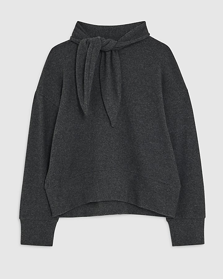 Grey Long Sleeve Scarf Tie Neck Cosy Top