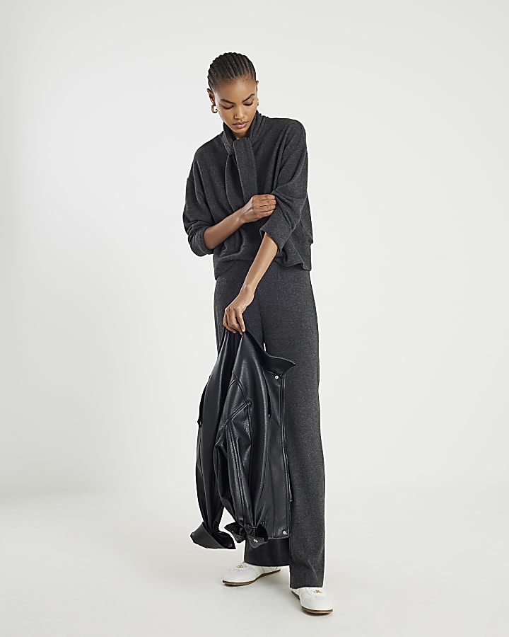 Grey Long Sleeve Scarf Tie Neck Cosy Top