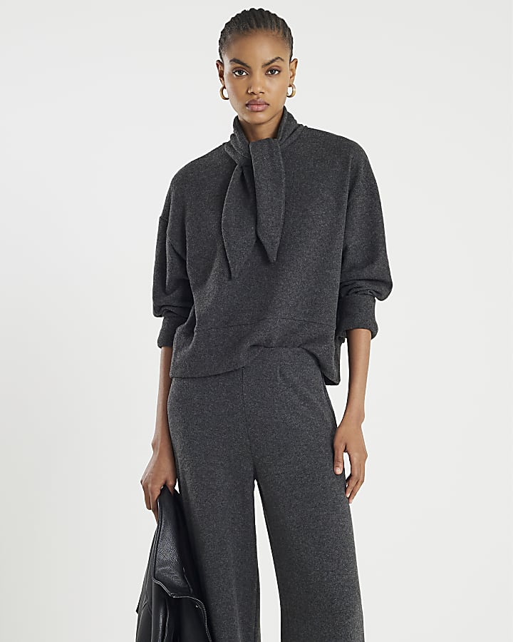 Grey Long Sleeve Scarf Tie Neck Cosy Top