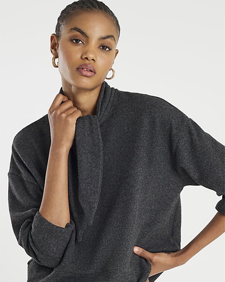 Grey Long Sleeve Scarf Tie Neck Cosy Top