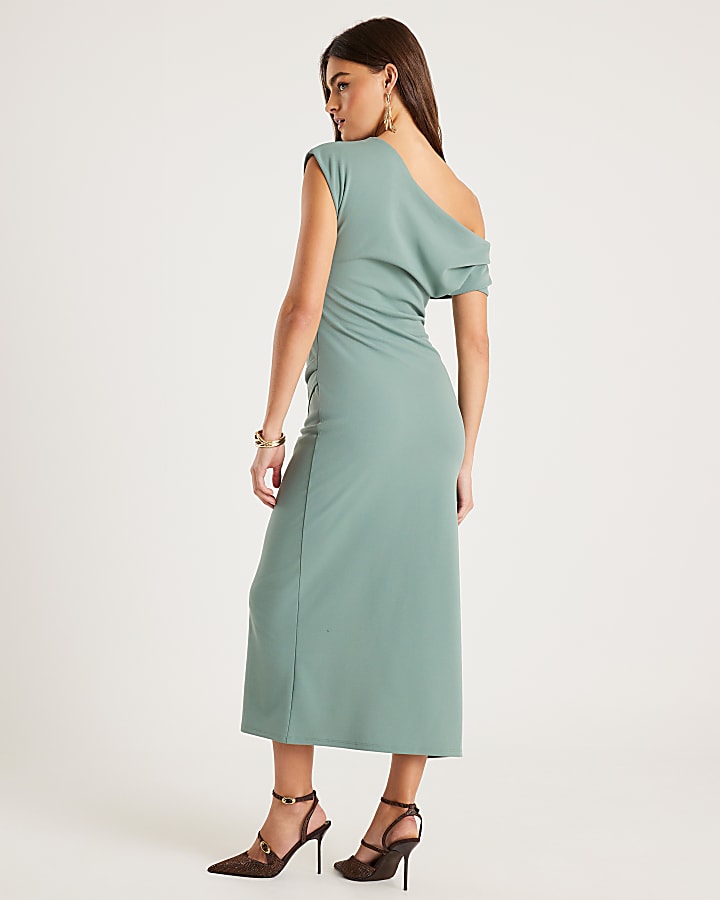 Green Asymmetric Draped Wrap Midi Dress