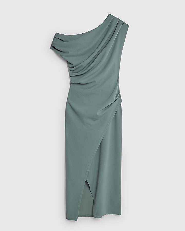 Green Asymmetric Draped Wrap Midi Dress