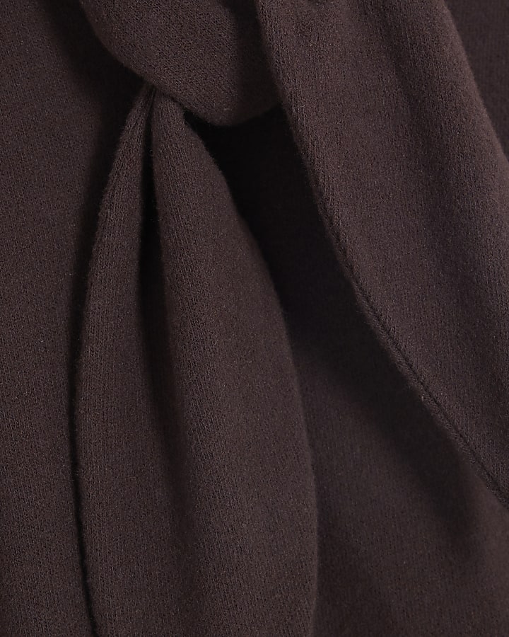 Brown Long Sleeve Scarf Tie Neck Cosy Top