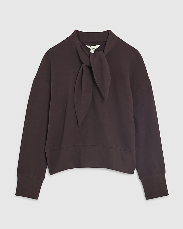 Brown Long Sleeve Scarf Tie Neck Cosy Top