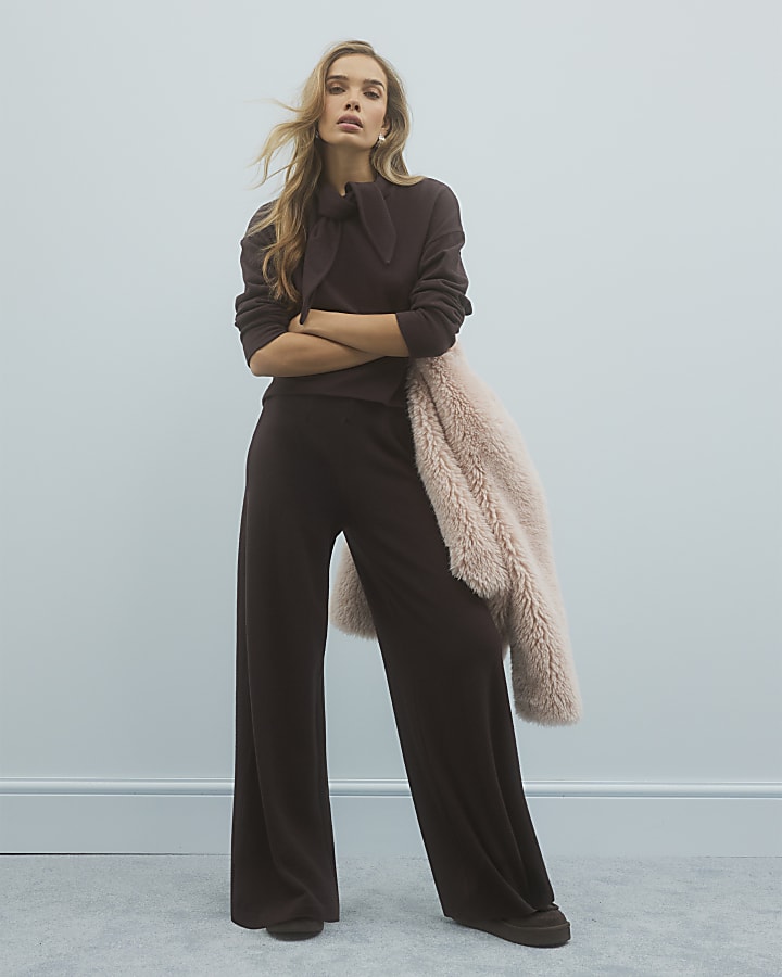 Brown Long Sleeve Scarf Tie Neck Cosy Top